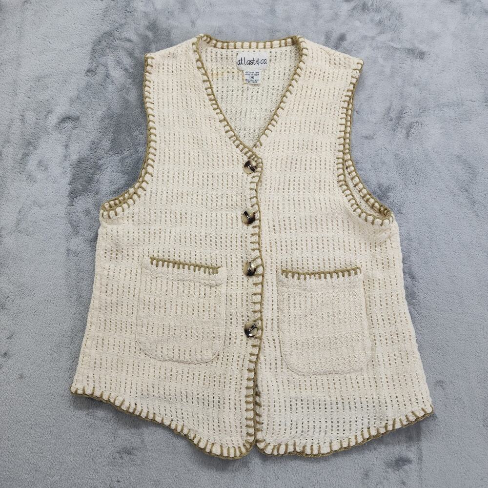 Vintage‎ At Last & Co Vest Womans M Cream Tan Cotton Crochet Button Front Boho